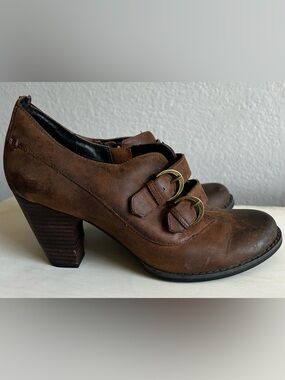 Indigo distressed rustic style heeled booties, brown leather, women 7.5